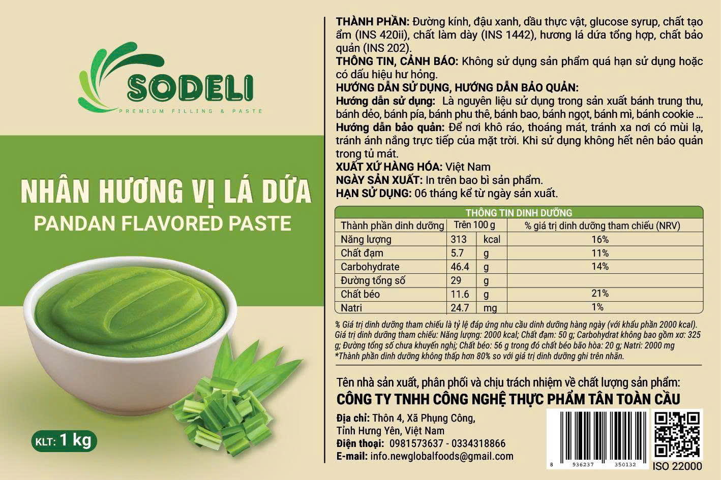 Thông tin sản phẩm nhân bánh trung thu lá dứa Sodeli Thông tin sản phẩm nhân bánh trung thu lá dứa Sodeli