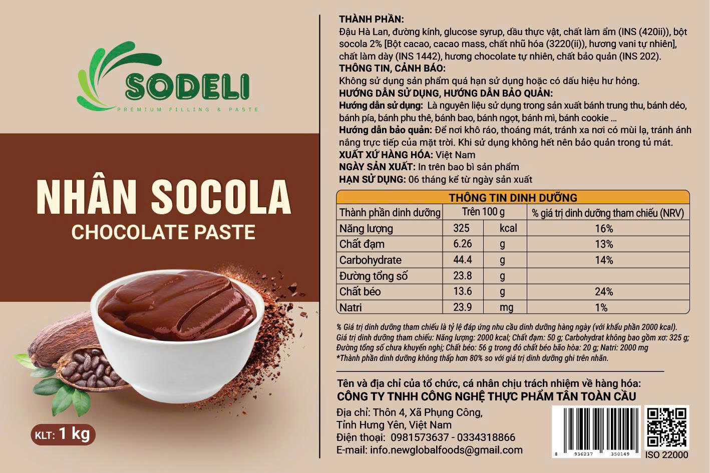 Thông tin sản phẩm nhân bánh trung thu socola Sodeli Thông tin sản phẩm nhân bánh trung thu socola Sodeli