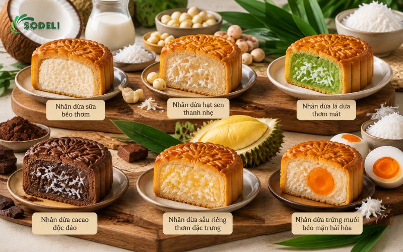 Các biến tấu nhân dừa bánh trung thu phổ biến Các biến tấu nhân dừa bánh trung thu phổ biến