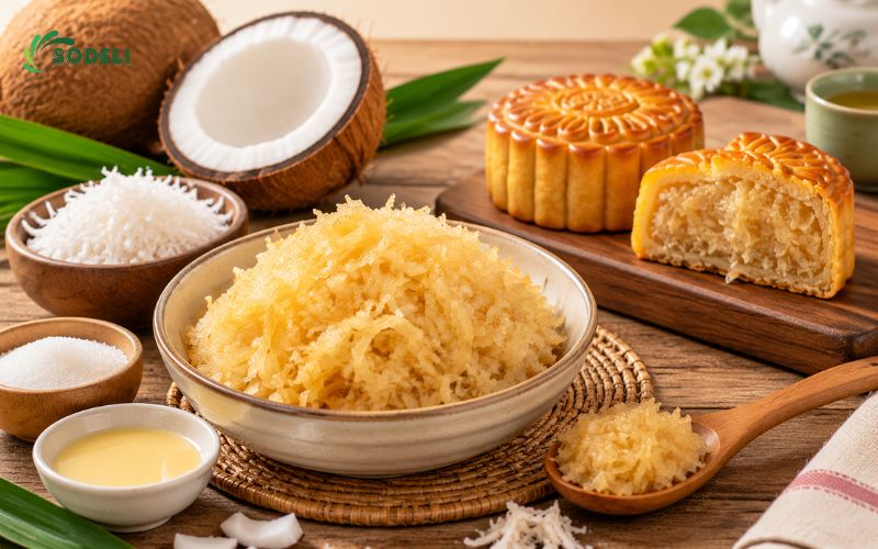 Đặc điểm của nhân dừa sên sẵn Đặc điểm của nhân dừa sên sẵn